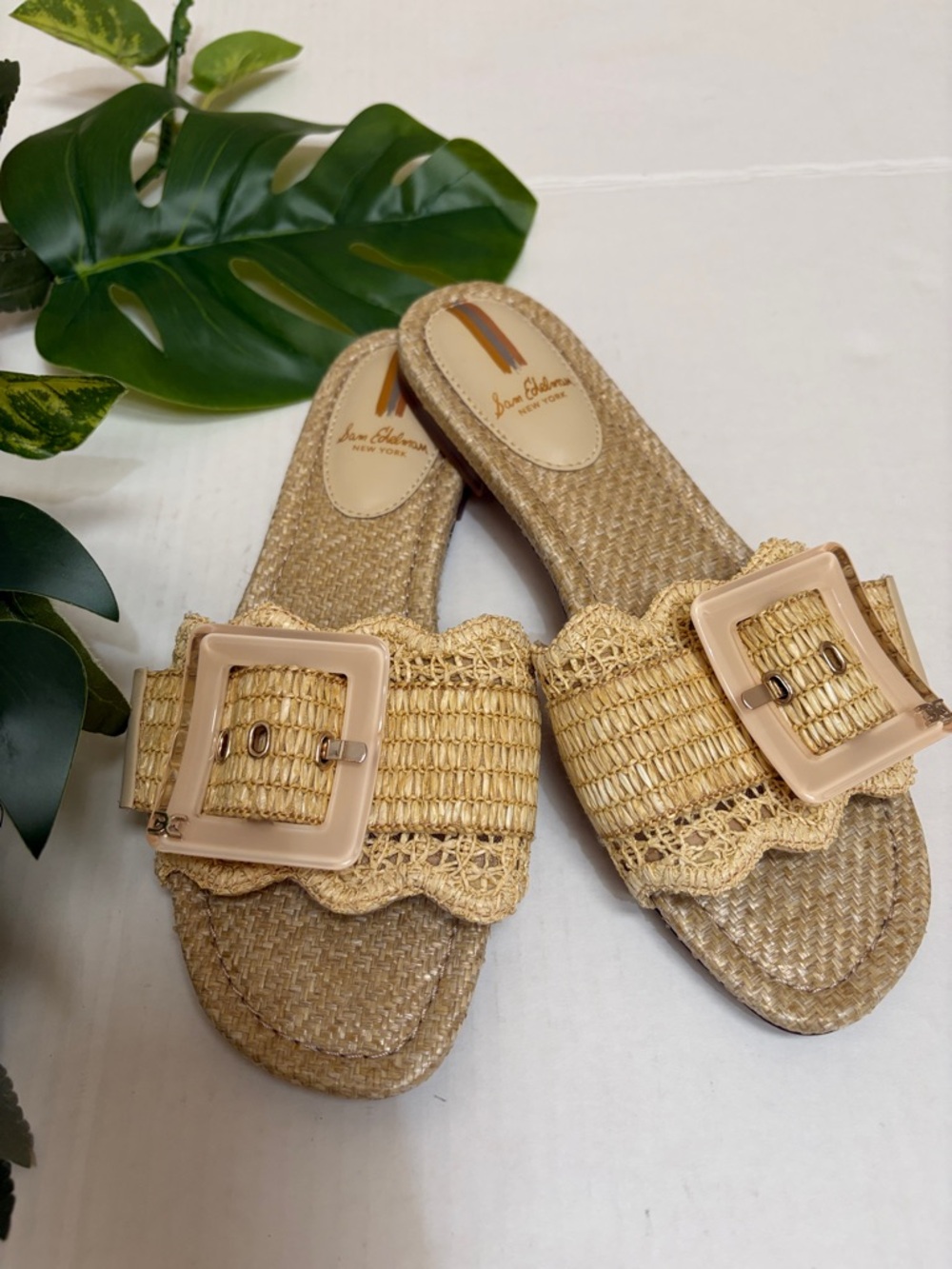 Sam Edelman Bambi Natural Raffia Slide Sandals with Buckle